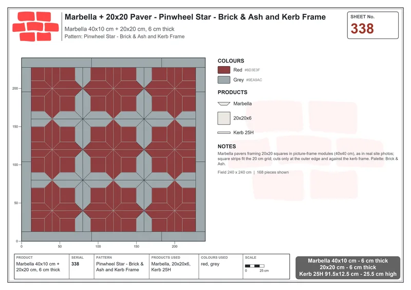 Interlock (Pasco) 40x10 cm · MAR-338 · Pinwheel Star - Brick & Ash and Kerb Frame · Laying plan Interlock (Pasco) 40x10 cm · MAR-338 · Pinwheel Star - Brick & Ash and Kerb Frame · Laying plan