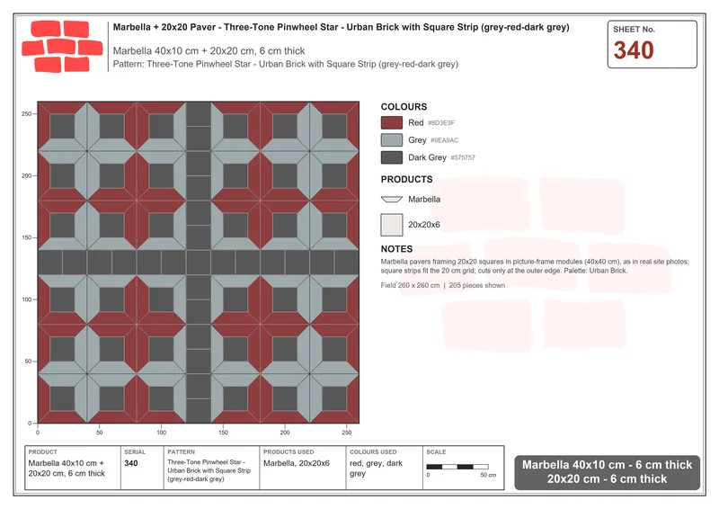 Interlock (Pasco) 40x10 cm · MAR-340 · Three-Tone Pinwheel Star - Urban Brick with Square Strip (grey-red-dark grey) · Laying plan Interlock (Pasco) 40x10 cm · MAR-340 · Three-Tone Pinwheel Star - Urban Brick with Square Strip (grey-red-dark grey) · Laying plan