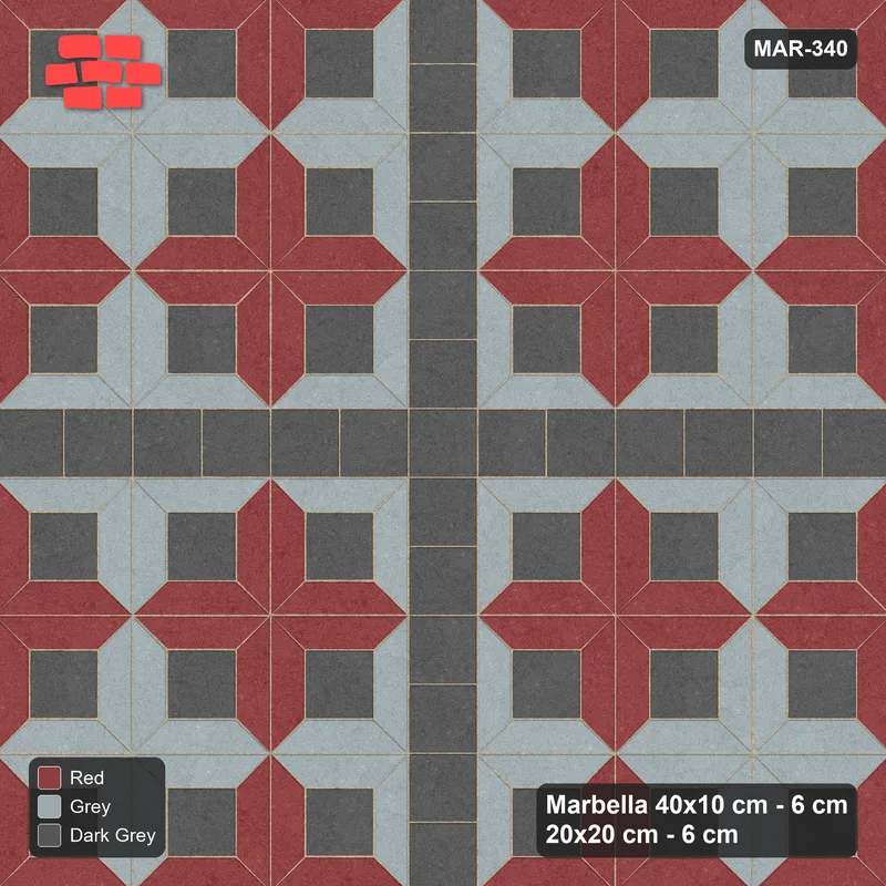 Interlock (Pasco) 40x10 cm · MAR-340 · Three-Tone Pinwheel Star - Urban Brick with Square Strip (grey-red-dark grey) · Top view Interlock (Pasco) 40x10 cm · MAR-340 · Three-Tone Pinwheel Star - Urban Brick with Square Strip (grey-red-dark grey) · Top view