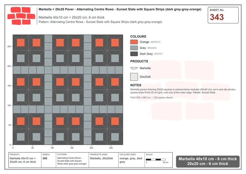 Interlock (Pasco) 40x10 cm · MAR-343 · Alternating Centre Rows - Sunset Slate with Square Strips (dark grey-grey-orange) · Laying plan Interlock (Pasco) 40x10 cm · MAR-343 · Alternating Centre Rows - Sunset Slate with Square Strips (dark grey-grey-orange) · Laying plan