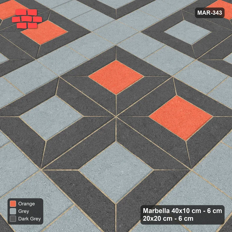 Interlock (Pasco) 40x10 cm · MAR-343 · Alternating Centre Rows - Sunset Slate with Square Strips (dark grey-grey-orange) · Side view Interlock (Pasco) 40x10 cm · MAR-343 · Alternating Centre Rows - Sunset Slate with Square Strips (dark grey-grey-orange) · Side view