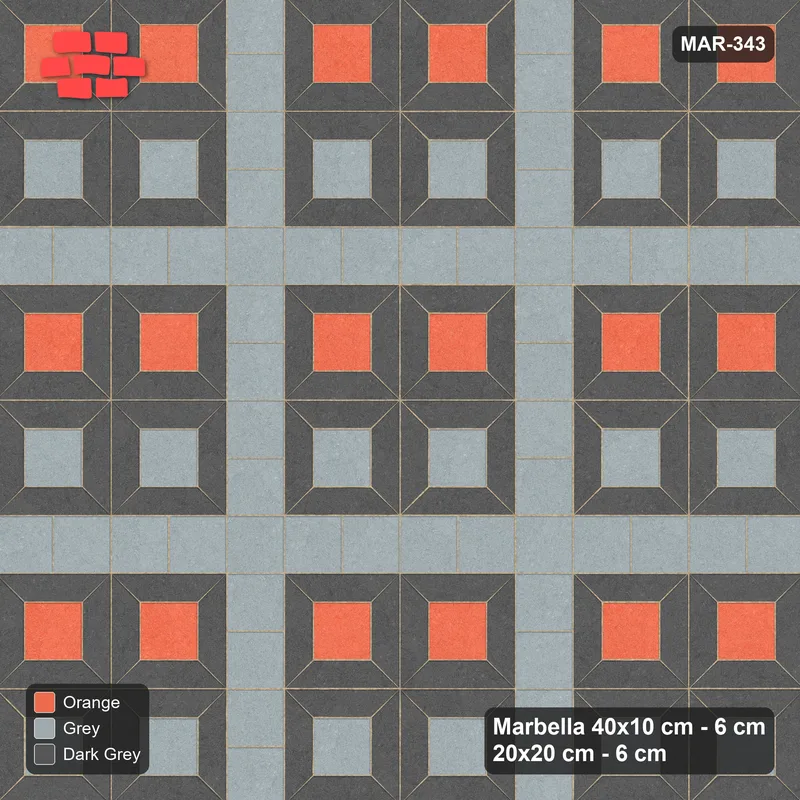 Interlock (Pasco) 40x10 cm · MAR-343 · Alternating Centre Rows - Sunset Slate with Square Strips (dark grey-grey-orange) · Top view Interlock (Pasco) 40x10 cm · MAR-343 · Alternating Centre Rows - Sunset Slate with Square Strips (dark grey-grey-orange) · Top view