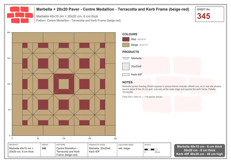 Interlock (Pasco) 40x10 cm · MAR-345 · Centre Medallion - Terracotta and Kerb Frame (beige-red) · Laying plan Interlock (Pasco) 40x10 cm · MAR-345 · Centre Medallion - Terracotta and Kerb Frame (beige-red) · Laying plan