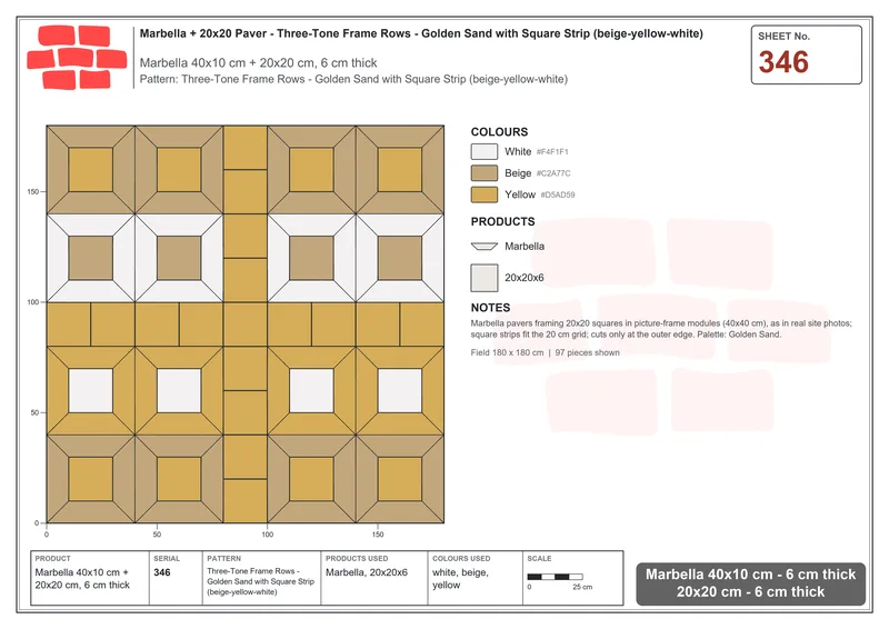 Interlock (Pasco) 40x10 cm · MAR-346 · Three-Tone Frame Rows - Golden Sand with Square Strip (beige-yellow-white) · Laying plan Interlock (Pasco) 40x10 cm · MAR-346 · Three-Tone Frame Rows - Golden Sand with Square Strip (beige-yellow-white) · Laying plan