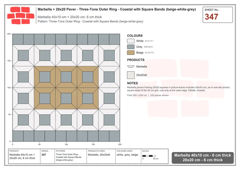 Interlock (Pasco) 40x10 cm · MAR-347 · Three-Tone Outer Ring - Coastal with Square Bands (beige-white-grey) · Laying plan Interlock (Pasco) 40x10 cm · MAR-347 · Three-Tone Outer Ring - Coastal with Square Bands (beige-white-grey) · Laying plan