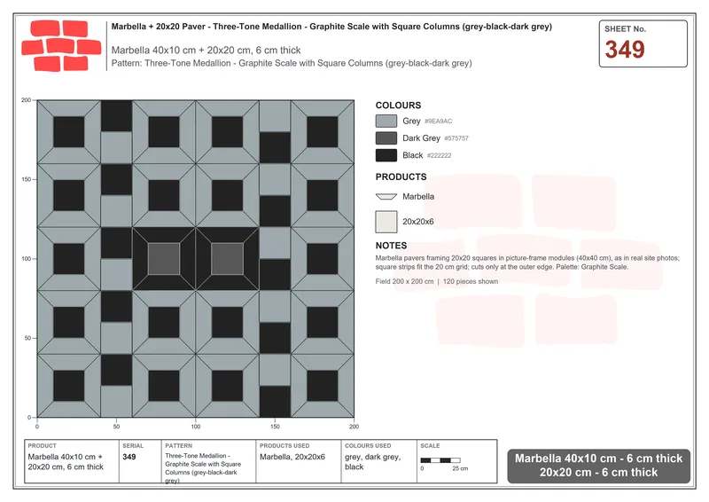 Interlock (Pasco) 40x10 cm · MAR-349 · Three-Tone Medallion - Graphite Scale with Square Columns (grey-black-dark grey) · Laying plan Interlock (Pasco) 40x10 cm · MAR-349 · Three-Tone Medallion - Graphite Scale with Square Columns (grey-black-dark grey) · Laying plan