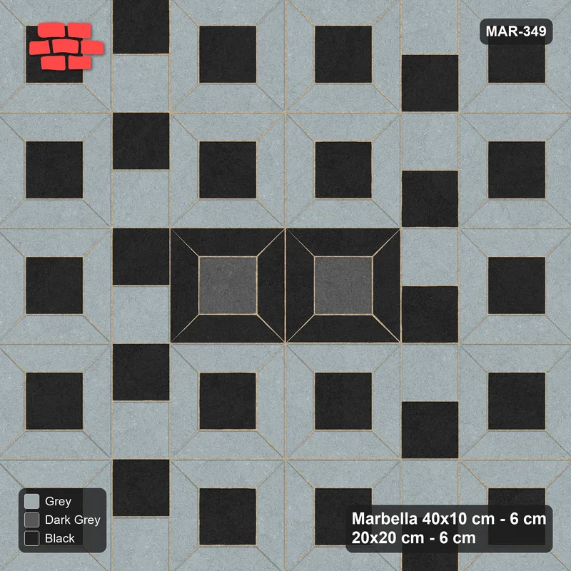 Interlock (Pasco) 40x10 cm · MAR-349 · Three-Tone Medallion - Graphite Scale with Square Columns (grey-black-dark grey) · Top view Interlock (Pasco) 40x10 cm · MAR-349 · Three-Tone Medallion - Graphite Scale with Square Columns (grey-black-dark grey) · Top view
