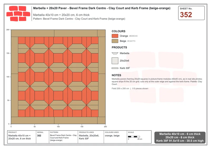 Interlock (Pasco) 40x10 cm · MAR-352 · Bevel Frame Dark Centre - Clay Court and Kerb Frame (beige-orange) · Laying plan Interlock (Pasco) 40x10 cm · MAR-352 · Bevel Frame Dark Centre - Clay Court and Kerb Frame (beige-orange) · Laying plan