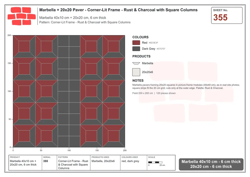 Interlock (Pasco) 40x10 cm · MAR-355 · Corner-Lit Frame - Rust & Charcoal with Square Columns · Laying plan Interlock (Pasco) 40x10 cm · MAR-355 · Corner-Lit Frame - Rust & Charcoal with Square Columns · Laying plan