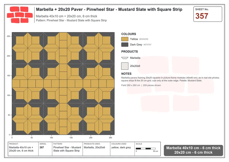 Interlock (Pasco) 40x10 cm · MAR-357 · Pinwheel Star - Mustard Slate with Square Strip · Laying plan Interlock (Pasco) 40x10 cm · MAR-357 · Pinwheel Star - Mustard Slate with Square Strip · Laying plan
