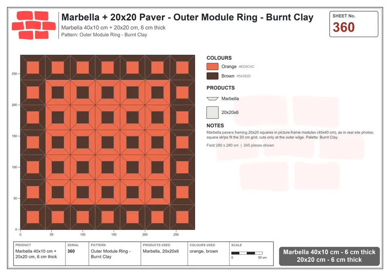 Interlock (Pasco) 40x10 cm · MAR-360 · Outer Module Ring - Burnt Clay · Laying plan Interlock (Pasco) 40x10 cm · MAR-360 · Outer Module Ring - Burnt Clay · Laying plan
