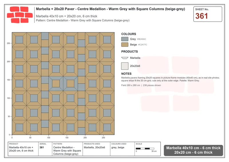Interlock (Pasco) 40x10 cm · MAR-361 · Centre Medallion - Warm Grey with Square Columns (beige-grey) · Laying plan Interlock (Pasco) 40x10 cm · MAR-361 · Centre Medallion - Warm Grey with Square Columns (beige-grey) · Laying plan