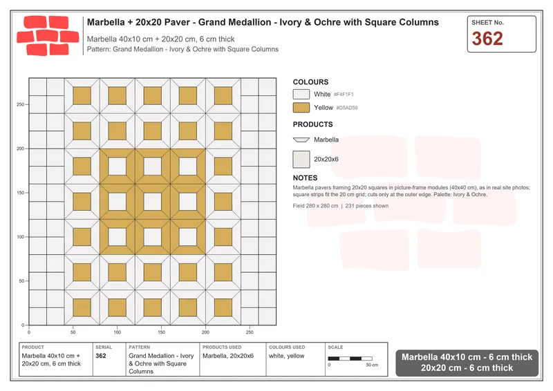 Interlock (Pasco) 40x10 cm · MAR-362 · Grand Medallion - Ivory & Ochre with Square Columns · Laying plan Interlock (Pasco) 40x10 cm · MAR-362 · Grand Medallion - Ivory & Ochre with Square Columns · Laying plan