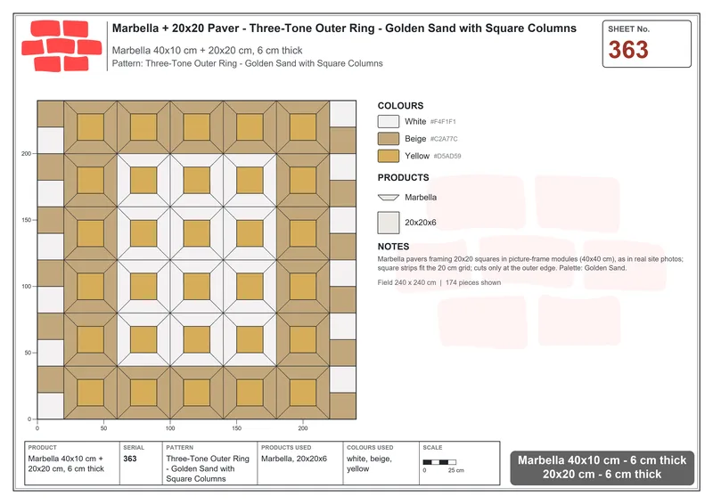 Interlock (Pasco) 40x10 cm · MAR-363 · Three-Tone Outer Ring - Golden Sand with Square Columns · Laying plan Interlock (Pasco) 40x10 cm · MAR-363 · Three-Tone Outer Ring - Golden Sand with Square Columns · Laying plan