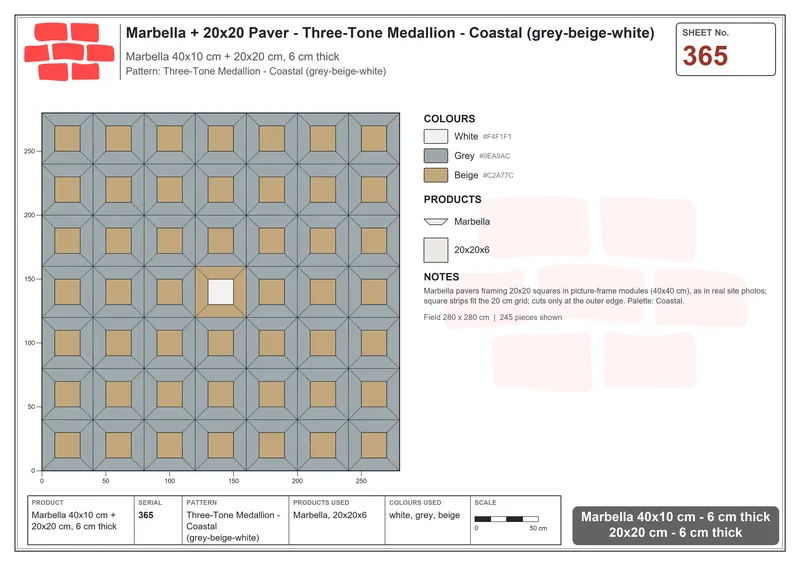Interlock (Pasco) 40x10 cm · MAR-365 · Three-Tone Medallion - Coastal (grey-beige-white) · Laying plan Interlock (Pasco) 40x10 cm · MAR-365 · Three-Tone Medallion - Coastal (grey-beige-white) · Laying plan
