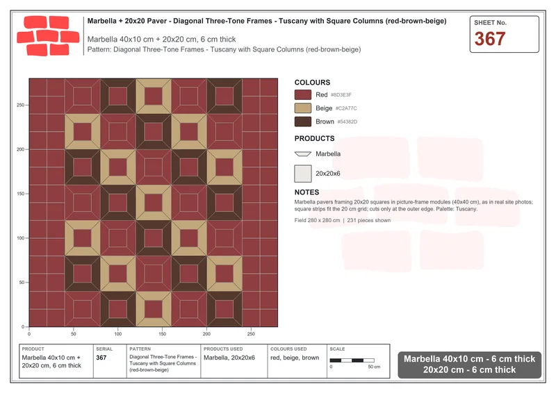 Interlock (Pasco) 40x10 cm · MAR-367 · Diagonal Three-Tone Frames - Tuscany with Square Columns (red-brown-beige) · Laying plan Interlock (Pasco) 40x10 cm · MAR-367 · Diagonal Three-Tone Frames - Tuscany with Square Columns (red-brown-beige) · Laying plan