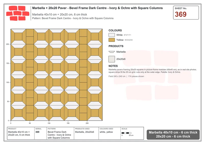 Interlock (Pasco) 40x10 cm · MAR-369 · Bevel Frame Dark Centre - Ivory & Ochre with Square Columns · Laying plan Interlock (Pasco) 40x10 cm · MAR-369 · Bevel Frame Dark Centre - Ivory & Ochre with Square Columns · Laying plan