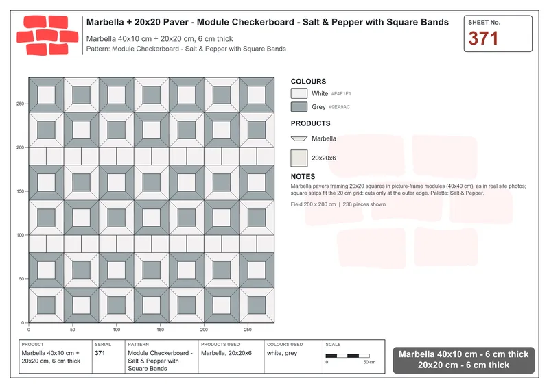 Interlock (Pasco) 40x10 cm · MAR-371 · Module Checkerboard - Salt & Pepper with Square Bands · Laying plan Interlock (Pasco) 40x10 cm · MAR-371 · Module Checkerboard - Salt & Pepper with Square Bands · Laying plan