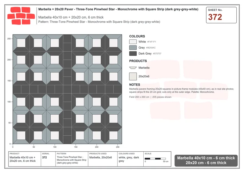 Interlock (Pasco) 40x10 cm · MAR-372 · Three-Tone Pinwheel Star - Monochrome with Square Strip (dark grey-grey-white) · Laying plan Interlock (Pasco) 40x10 cm · MAR-372 · Three-Tone Pinwheel Star - Monochrome with Square Strip (dark grey-grey-white) · Laying plan
