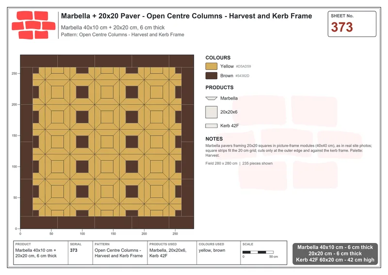 Interlock (Pasco) 40x10 cm · MAR-373 · Open Centre Columns - Harvest and Kerb Frame · Laying plan Interlock (Pasco) 40x10 cm · MAR-373 · Open Centre Columns - Harvest and Kerb Frame · Laying plan