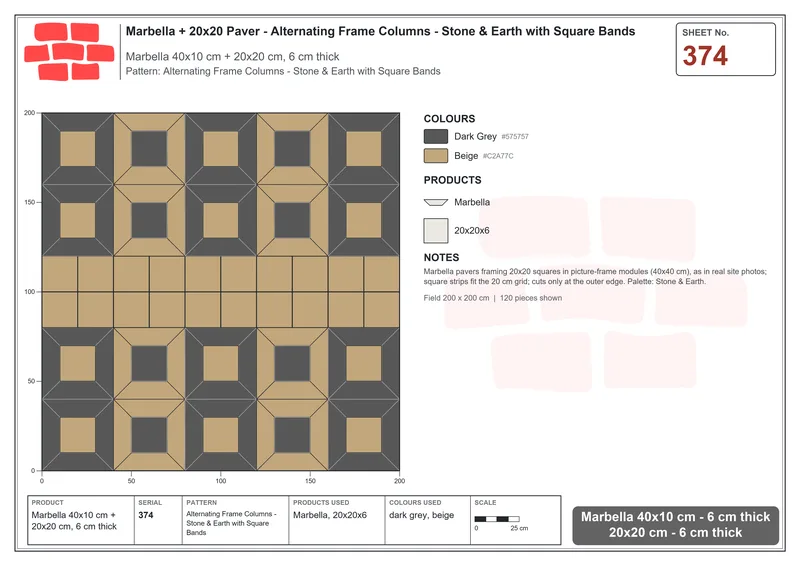 Interlock (Pasco) 40x10 cm · MAR-374 · Alternating Frame Columns - Stone & Earth with Square Bands · Laying plan Interlock (Pasco) 40x10 cm · MAR-374 · Alternating Frame Columns - Stone & Earth with Square Bands · Laying plan