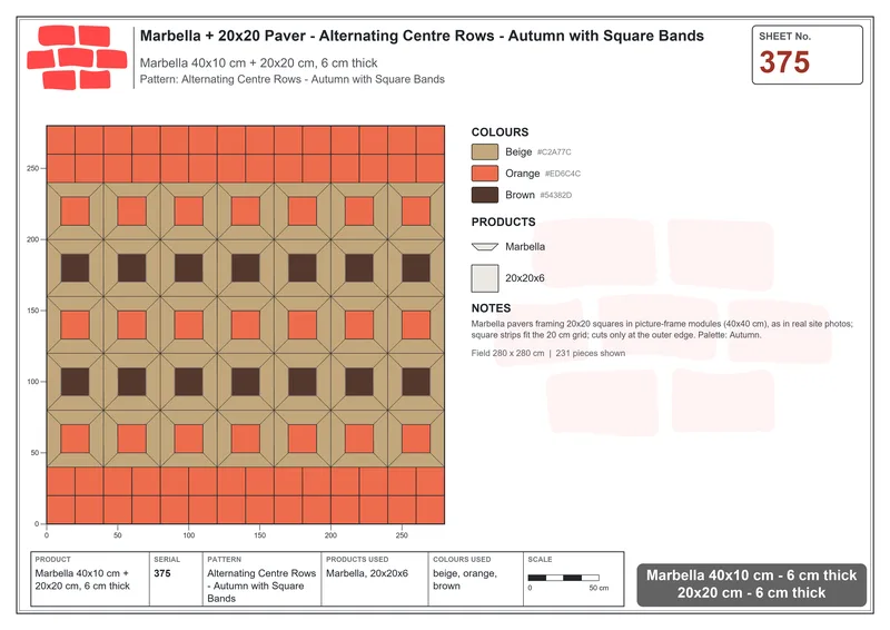 Interlock (Pasco) 40x10 cm · MAR-375 · Alternating Centre Rows - Autumn with Square Bands · Laying plan Interlock (Pasco) 40x10 cm · MAR-375 · Alternating Centre Rows - Autumn with Square Bands · Laying plan