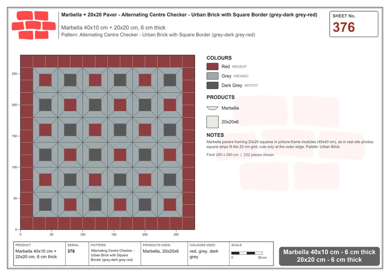 Interlock (Pasco) 40x10 cm · MAR-376 · Alternating Centre Checker - Urban Brick with Square Border (grey-dark grey-red) · Laying plan Interlock (Pasco) 40x10 cm · MAR-376 · Alternating Centre Checker - Urban Brick with Square Border (grey-dark grey-red) · Laying plan