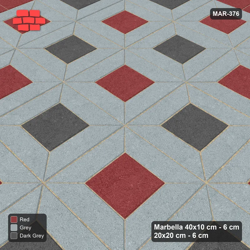 Interlock (Pasco) 40x10 cm · MAR-376 · Alternating Centre Checker - Urban Brick with Square Border (grey-dark grey-red) · Side view Interlock (Pasco) 40x10 cm · MAR-376 · Alternating Centre Checker - Urban Brick with Square Border (grey-dark grey-red) · Side view