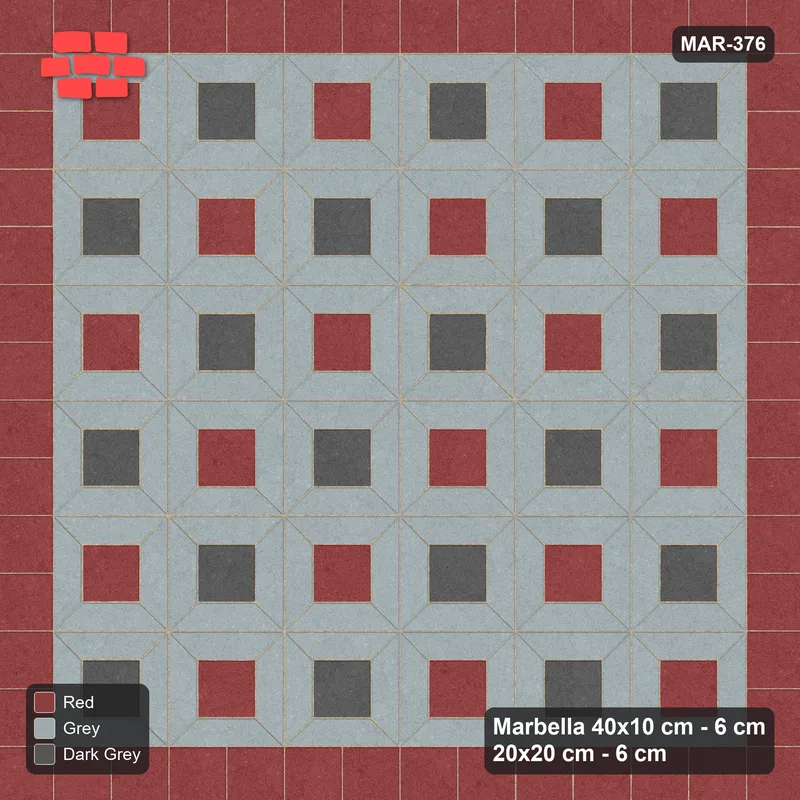 Interlock (Pasco) 40x10 cm · MAR-376 · Alternating Centre Checker - Urban Brick with Square Border (grey-dark grey-red) · Top view Interlock (Pasco) 40x10 cm · MAR-376 · Alternating Centre Checker - Urban Brick with Square Border (grey-dark grey-red) · Top view