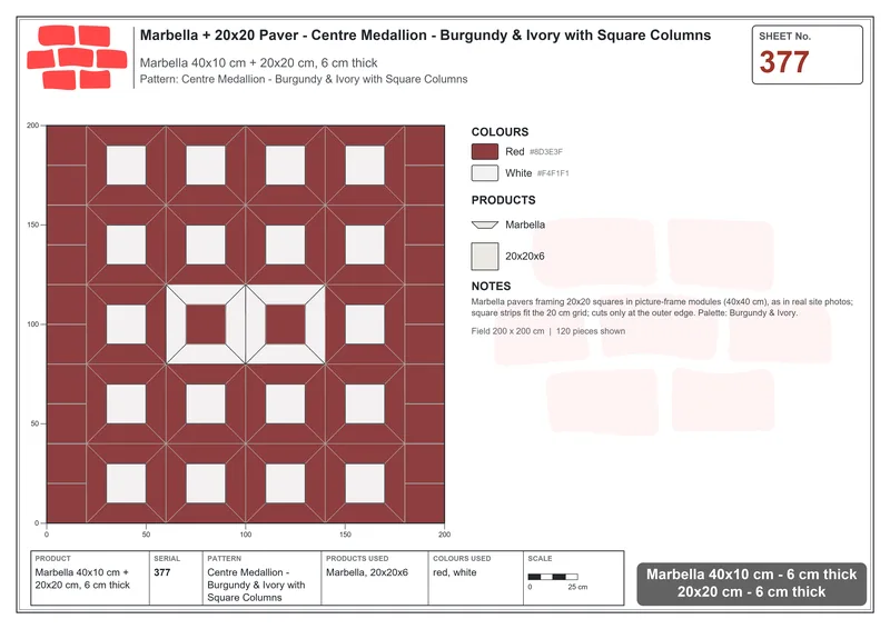 Interlock (Pasco) 40x10 cm · MAR-377 · Centre Medallion - Burgundy & Ivory with Square Columns · Laying plan Interlock (Pasco) 40x10 cm · MAR-377 · Centre Medallion - Burgundy & Ivory with Square Columns · Laying plan
