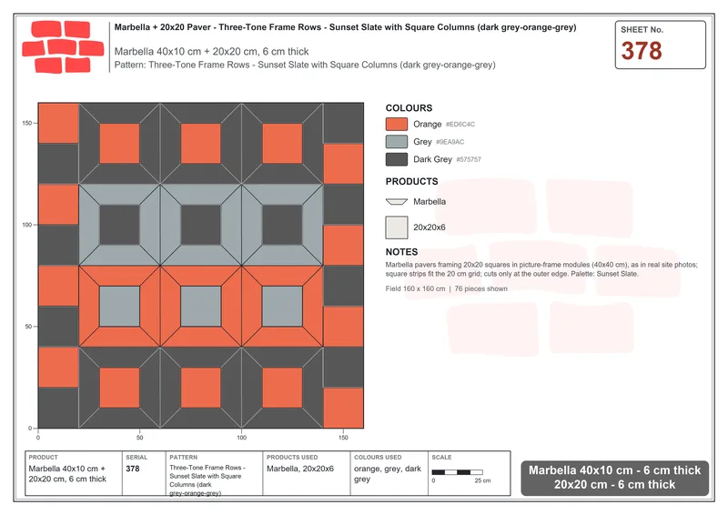 Interlock (Pasco) 40x10 cm · MAR-378 · Three-Tone Frame Rows - Sunset Slate with Square Columns (dark grey-orange-grey) · Laying plan Interlock (Pasco) 40x10 cm · MAR-378 · Three-Tone Frame Rows - Sunset Slate with Square Columns (dark grey-orange-grey) · Laying plan