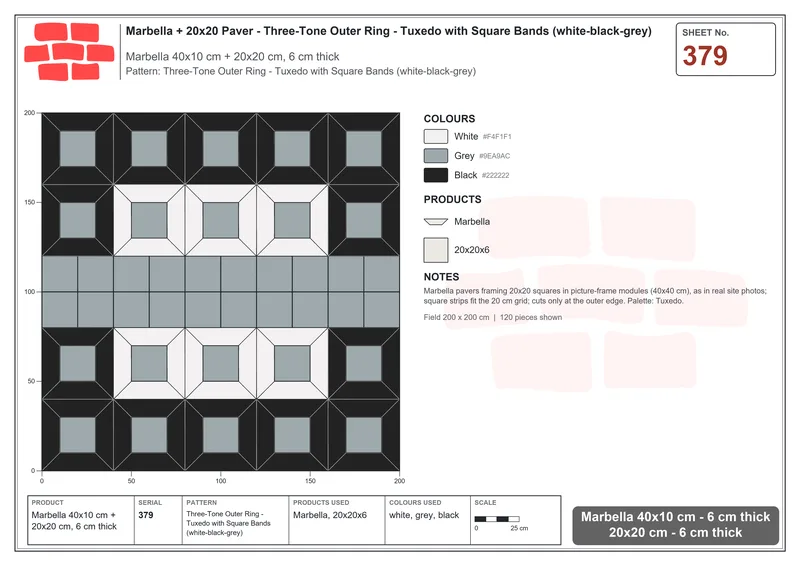 Interlock (Pasco) 40x10 cm · MAR-379 · Three-Tone Outer Ring - Tuxedo with Square Bands (white-black-grey) · Laying plan Interlock (Pasco) 40x10 cm · MAR-379 · Three-Tone Outer Ring - Tuxedo with Square Bands (white-black-grey) · Laying plan