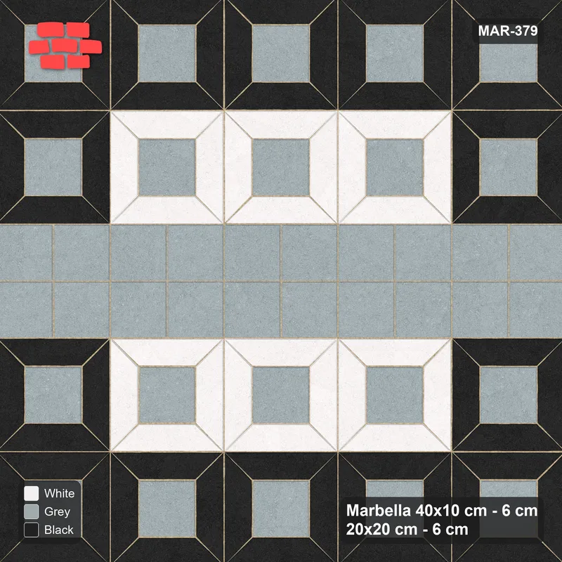 Interlock (Pasco) 40x10 cm · MAR-379 · Three-Tone Outer Ring - Tuxedo with Square Bands (white-black-grey) · Top view Interlock (Pasco) 40x10 cm · MAR-379 · Three-Tone Outer Ring - Tuxedo with Square Bands (white-black-grey) · Top view