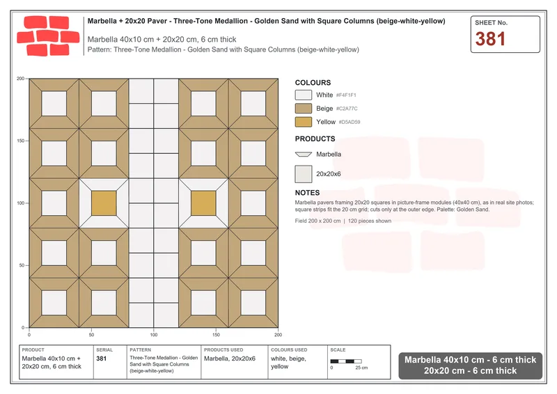 Interlock (Pasco) 40x10 cm · MAR-381 · Three-Tone Medallion - Golden Sand with Square Columns (beige-white-yellow) · Laying plan Interlock (Pasco) 40x10 cm · MAR-381 · Three-Tone Medallion - Golden Sand with Square Columns (beige-white-yellow) · Laying plan