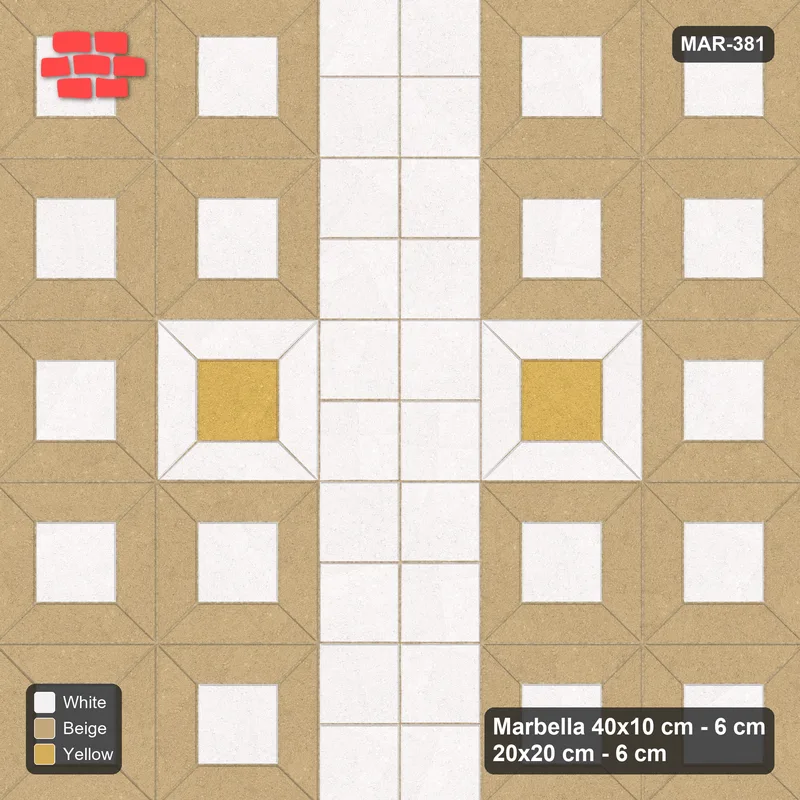 Interlock (Pasco) 40x10 cm · MAR-381 · Three-Tone Medallion - Golden Sand with Square Columns (beige-white-yellow) · Top view Interlock (Pasco) 40x10 cm · MAR-381 · Three-Tone Medallion - Golden Sand with Square Columns (beige-white-yellow) · Top view