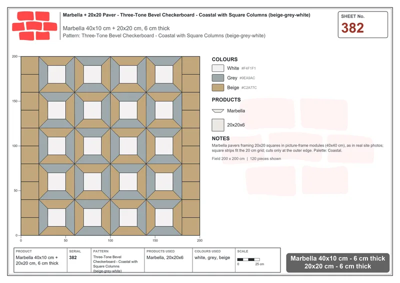 Interlock (Pasco) 40x10 cm · MAR-382 · Three-Tone Bevel Checkerboard - Coastal with Square Columns (beige-grey-white) · Laying plan Interlock (Pasco) 40x10 cm · MAR-382 · Three-Tone Bevel Checkerboard - Coastal with Square Columns (beige-grey-white) · Laying plan