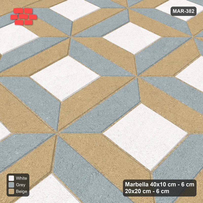 Interlock (Pasco) 40x10 cm · MAR-382 · Three-Tone Bevel Checkerboard - Coastal with Square Columns (beige-grey-white) · Side view Interlock (Pasco) 40x10 cm · MAR-382 · Three-Tone Bevel Checkerboard - Coastal with Square Columns (beige-grey-white) · Side view