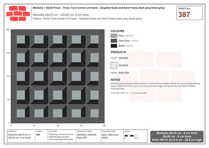 Interlock (Pasco) 40x10 cm · MAR-387 · Three-Tone Corner-Lit Frame - Graphite Scale and Kerb Frame (dark grey-black-grey) · Laying plan Interlock (Pasco) 40x10 cm · MAR-387 · Three-Tone Corner-Lit Frame - Graphite Scale and Kerb Frame (dark grey-black-grey) · Laying plan