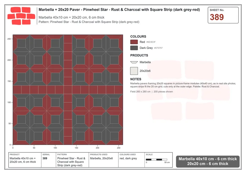 Interlock (Pasco) 40x10 cm · MAR-389 · Pinwheel Star - Rust & Charcoal with Square Strip (dark grey-red) · Laying plan Interlock (Pasco) 40x10 cm · MAR-389 · Pinwheel Star - Rust & Charcoal with Square Strip (dark grey-red) · Laying plan