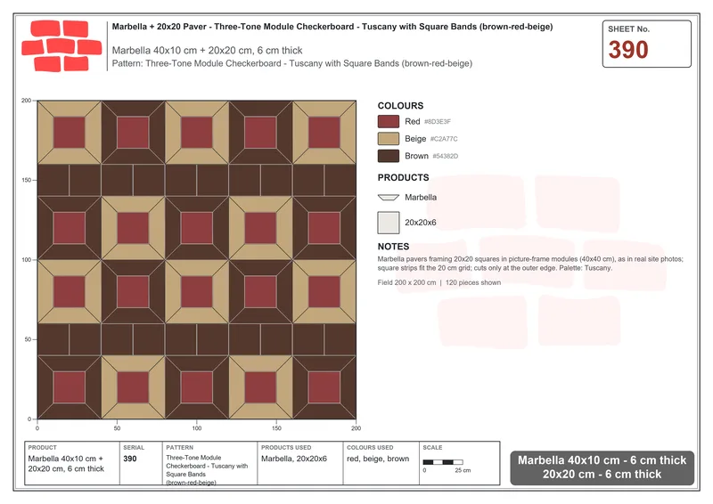 Interlock (Pasco) 40x10 cm · MAR-390 · Three-Tone Module Checkerboard - Tuscany with Square Bands (brown-red-beige) · Laying plan Interlock (Pasco) 40x10 cm · MAR-390 · Three-Tone Module Checkerboard - Tuscany with Square Bands (brown-red-beige) · Laying plan