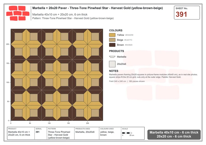 Interlock (Pasco) 40x10 cm · MAR-391 · Three-Tone Pinwheel Star - Harvest Gold (yellow-brown-beige) · Laying plan Interlock (Pasco) 40x10 cm · MAR-391 · Three-Tone Pinwheel Star - Harvest Gold (yellow-brown-beige) · Laying plan