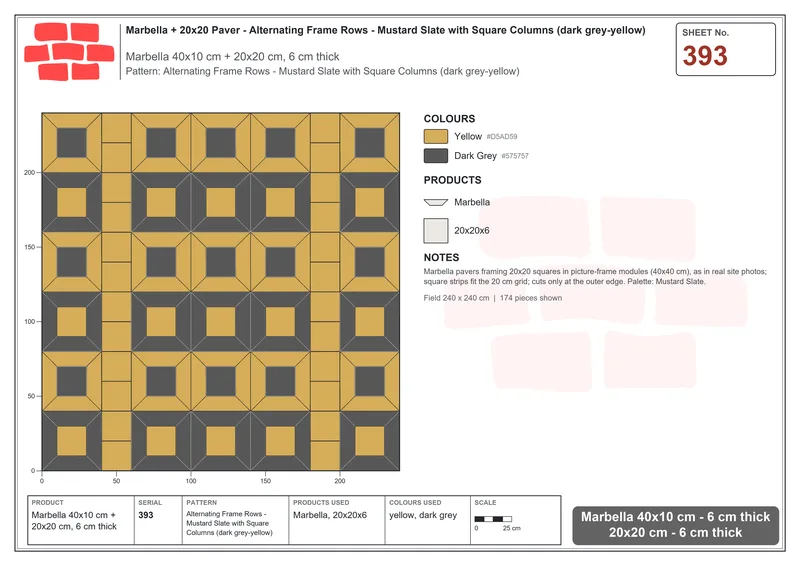 Interlock (Pasco) 40x10 cm · MAR-393 · Alternating Frame Rows - Mustard Slate with Square Columns (dark grey-yellow) · Laying plan Interlock (Pasco) 40x10 cm · MAR-393 · Alternating Frame Rows - Mustard Slate with Square Columns (dark grey-yellow) · Laying plan