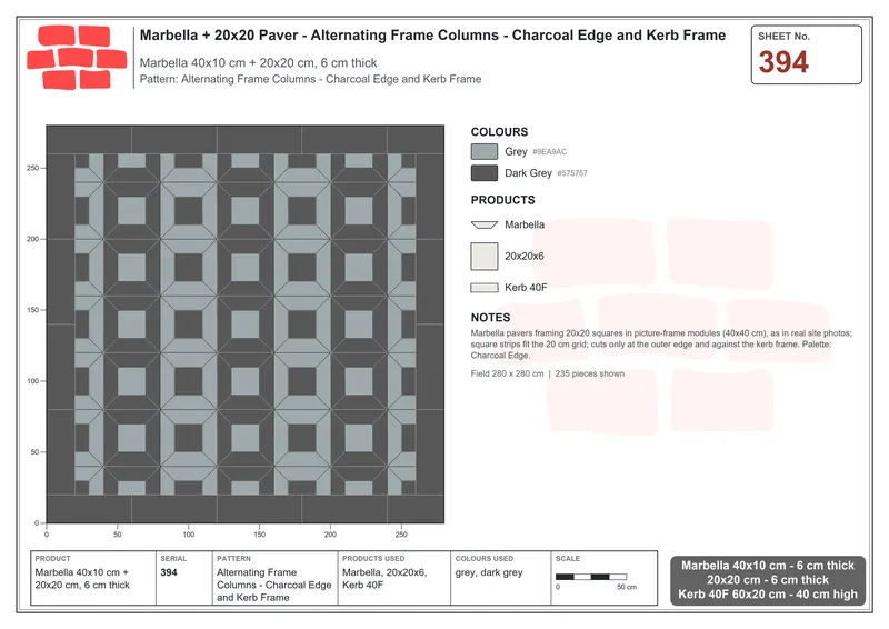 Interlock (Pasco) 40x10 cm · MAR-394 · Alternating Frame Columns - Charcoal Edge and Kerb Frame · Laying plan Interlock (Pasco) 40x10 cm · MAR-394 · Alternating Frame Columns - Charcoal Edge and Kerb Frame · Laying plan