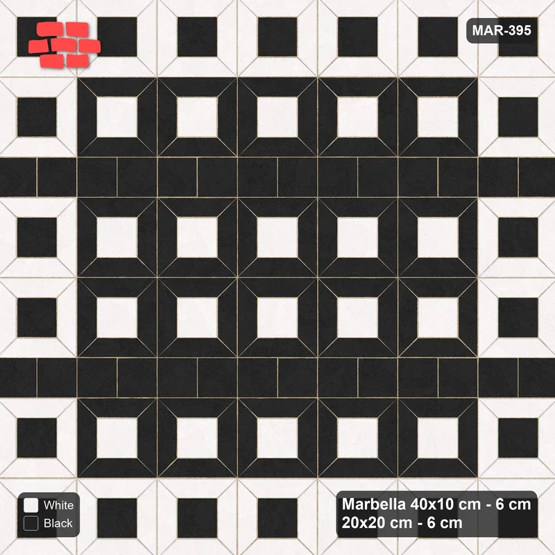 Interlock (Pasco) 40x10 cm · MAR-395 · Outer Module Ring - Contrast with Square Bands (black-white) · Top view Interlock (Pasco) 40x10 cm · MAR-395 · Outer Module Ring - Contrast with Square Bands (black-white) · Top view