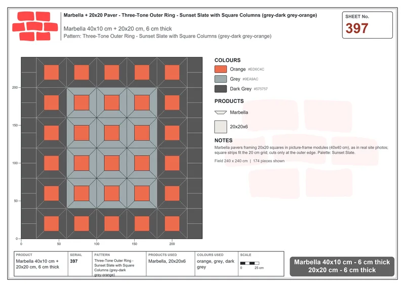 Interlock (Pasco) 40x10 cm · MAR-397 · Three-Tone Outer Ring - Sunset Slate with Square Columns (grey-dark grey-orange) · Laying plan Interlock (Pasco) 40x10 cm · MAR-397 · Three-Tone Outer Ring - Sunset Slate with Square Columns (grey-dark grey-orange) · Laying plan