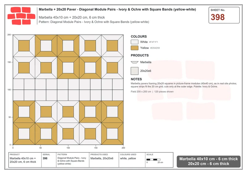 Interlock (Pasco) 40x10 cm · MAR-398 · Diagonal Module Pairs - Ivory & Ochre with Square Bands (yellow-white) · Laying plan Interlock (Pasco) 40x10 cm · MAR-398 · Diagonal Module Pairs - Ivory & Ochre with Square Bands (yellow-white) · Laying plan