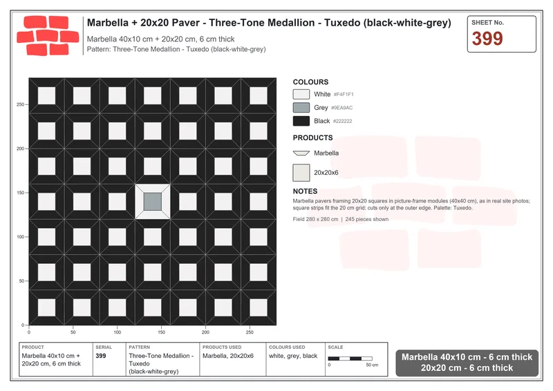 Interlock (Pasco) 40x10 cm · MAR-399 · Three-Tone Medallion - Tuxedo (black-white-grey) · Laying plan Interlock (Pasco) 40x10 cm · MAR-399 · Three-Tone Medallion - Tuxedo (black-white-grey) · Laying plan