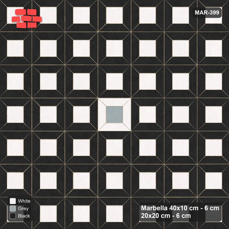 Interlock (Pasco) 40x10 cm · MAR-399 · Three-Tone Medallion - Tuxedo (black-white-grey) · Top view Interlock (Pasco) 40x10 cm · MAR-399 · Three-Tone Medallion - Tuxedo (black-white-grey) · Top view
