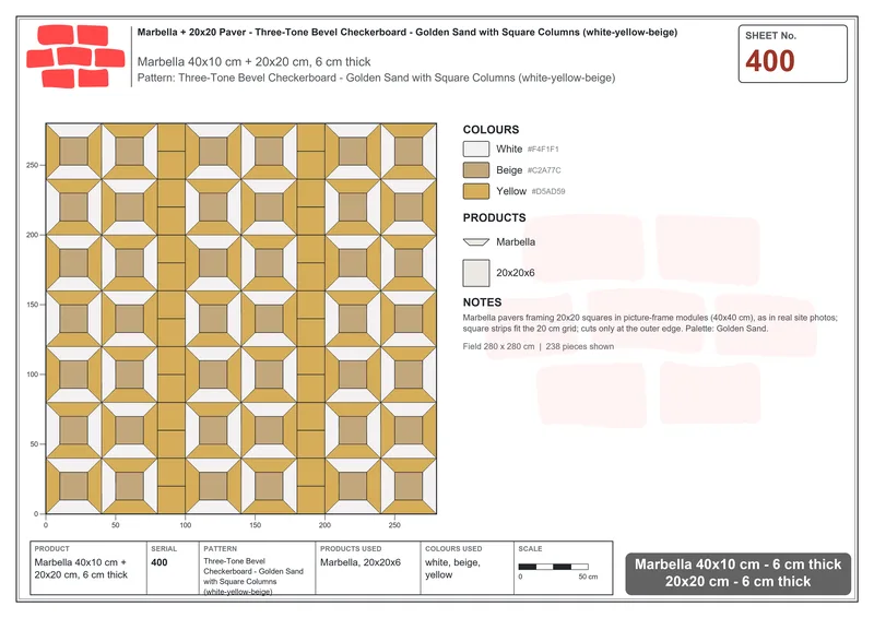 Interlock (Pasco) 40x10 cm · MAR-400 · Three-Tone Bevel Checkerboard - Golden Sand with Square Columns (white-yellow-beige) · Laying plan Interlock (Pasco) 40x10 cm · MAR-400 · Three-Tone Bevel Checkerboard - Golden Sand with Square Columns (white-yellow-beige) · Laying plan