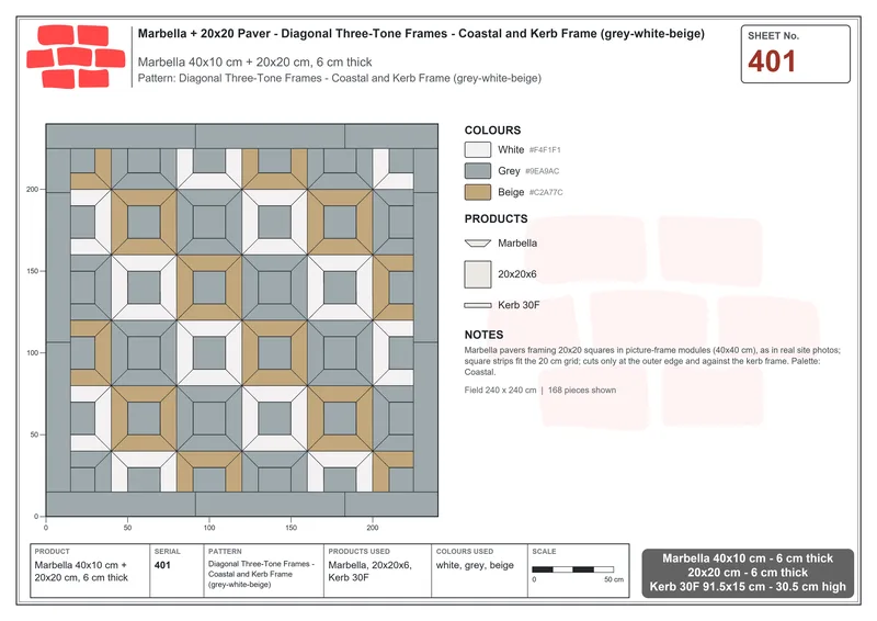 Interlock (Pasco) 40x10 cm · MAR-401 · Diagonal Three-Tone Frames - Coastal and Kerb Frame (grey-white-beige) · Laying plan Interlock (Pasco) 40x10 cm · MAR-401 · Diagonal Three-Tone Frames - Coastal and Kerb Frame (grey-white-beige) · Laying plan